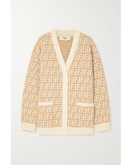 Fendi Crochet-knit Cashmere-jacquard Cardigan in Natural | Lyst