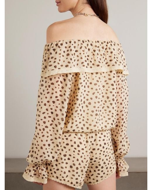Posse Natural Priscilla Off-The-Shoulder Lace-Trimmed Cheetah-Print Silk-Georgette Blouse