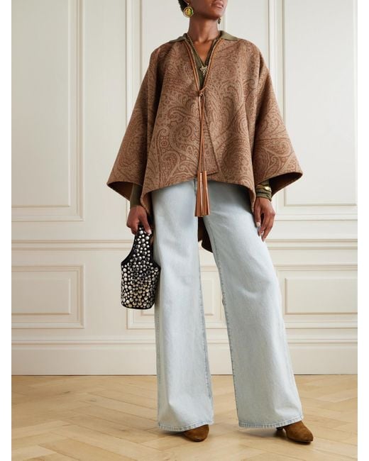 Etro Brown Leather-Trimmed Paisley-Print Wool-Blend Poncho