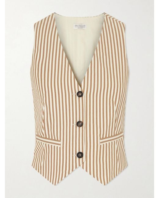 Brunello Cucinelli Natural Striped Cotton-Blend Seersucker Vest