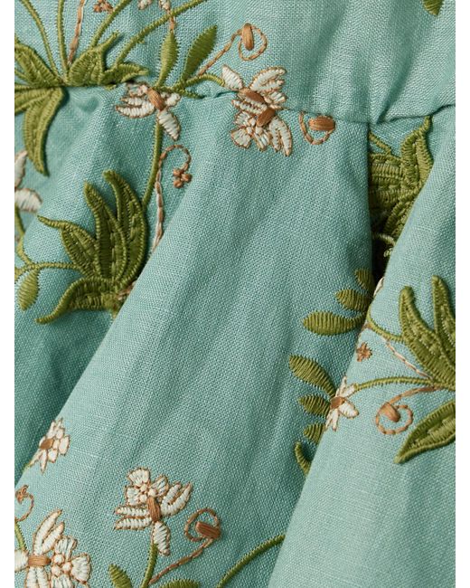 Agua Bendita Green Tumbao Orquidea Ruffled Appliquéd Embroidered Linen Mini Dress
