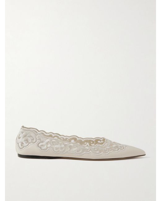 Gabriela Hearst Natural Ziva Leather And Embroidered Tulle Point-Toe Flats