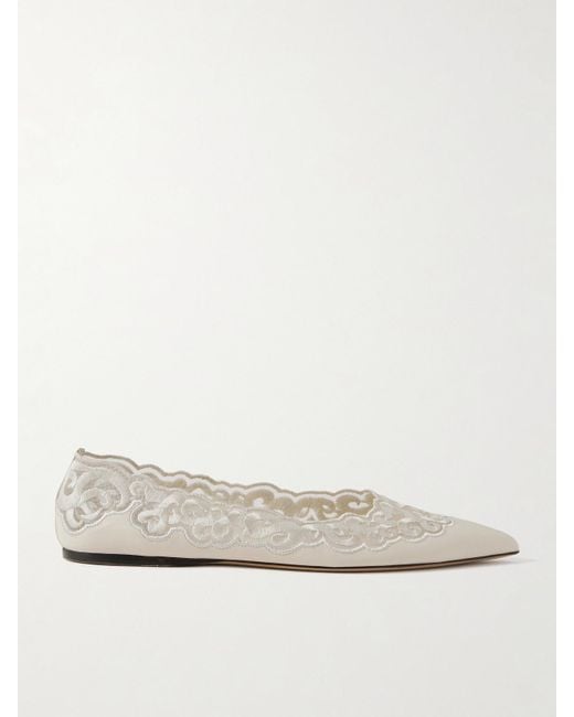 Gabriela Hearst Natural Ziva Leather And Embroidered Tulle Point-Toe Flats
