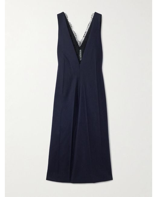 Carven Blue Chantilly Lace-Trimmed Wool-Flannel And Crinkled-Satin Midi Dress