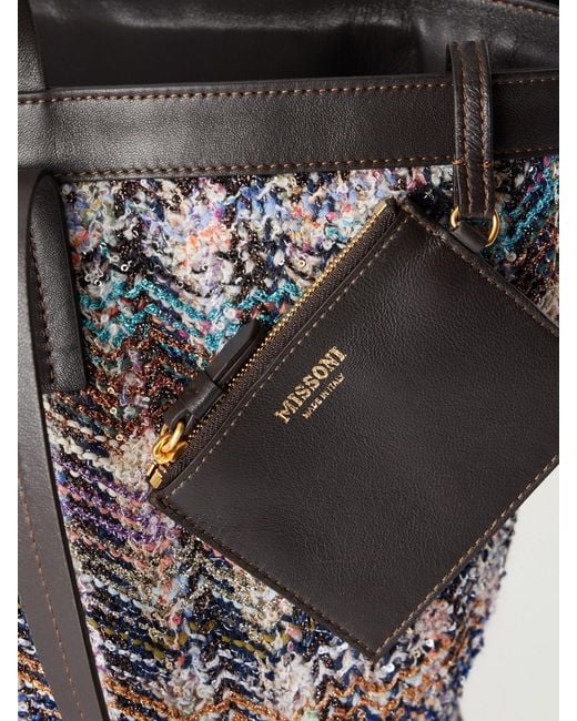 Missoni Purple Trapezoid Medium Leather-Trimmed Metallic Crochet-Knit Tote