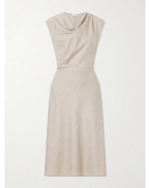 Brunello Cucinelli Natural Draped Virgin Wool Midi Dress