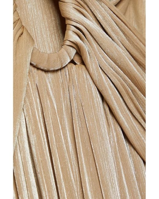 Costarellos Natural Kiera Cutout Pleated Lamé Gown