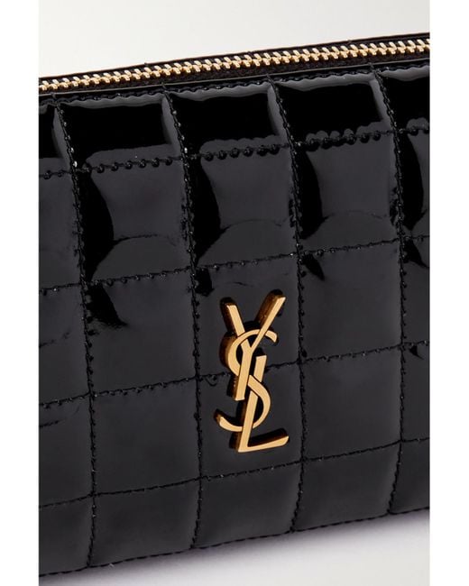Saint Laurent Black Cassandre Carré Matelassé Patent Faux-Leather Pouch