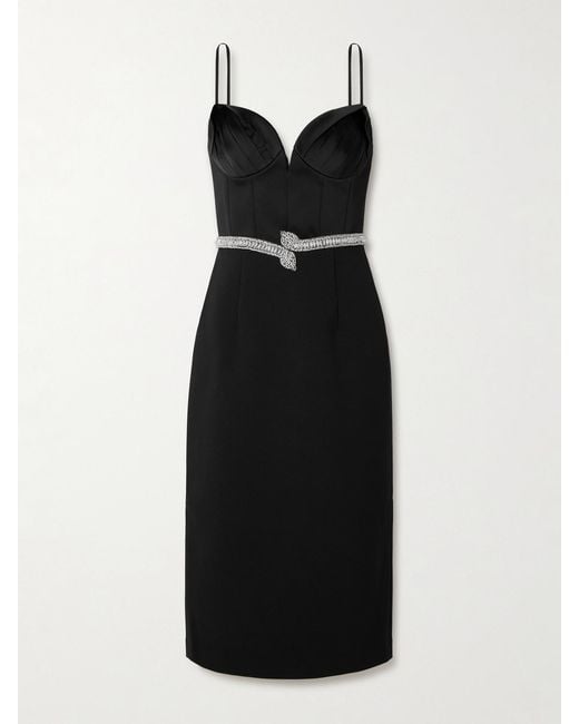 Rebecca Vallance Black Lilith Crystal-Embellished Pleated Satin-Trimmed Crepe Midi Dress