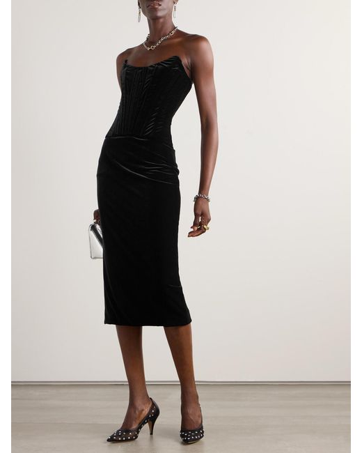 Dolce & Gabbana Black Strapless Velvet Corset Midi Dress