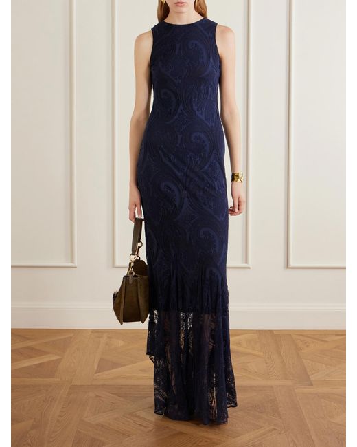 Etro Blue Devoré Cotton-Blend Crepe-Jersey Maxi Dress