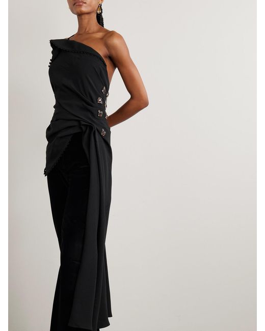 Dries Van Noten Black One-Shoulder Asymmetric Draped Embellished Crepe Top