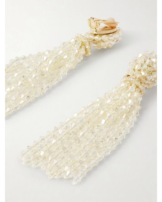 Oscar de la Renta White Tassel Beaded Clip Earrings