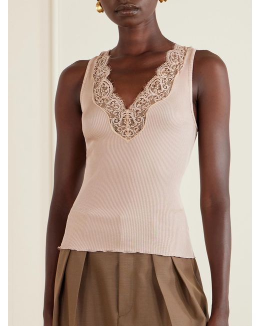 Saint Laurent Natural Lace-Trimmed Ribbed Silk-Jersey Tank