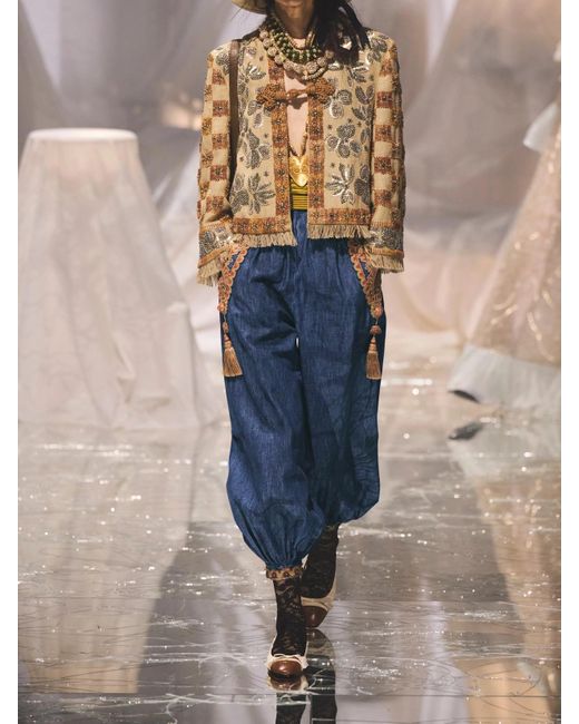 Valentino Garavani Blue Tasseled Embroidered Chambray Tapered Pants
