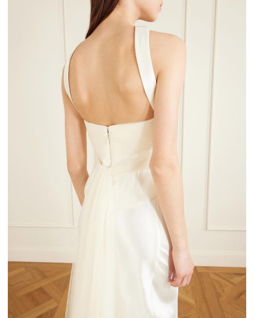 Danielle Frankel White Viola Gathered Draped Tulle-Trimmed Wool And Silk-Blend Twill Top