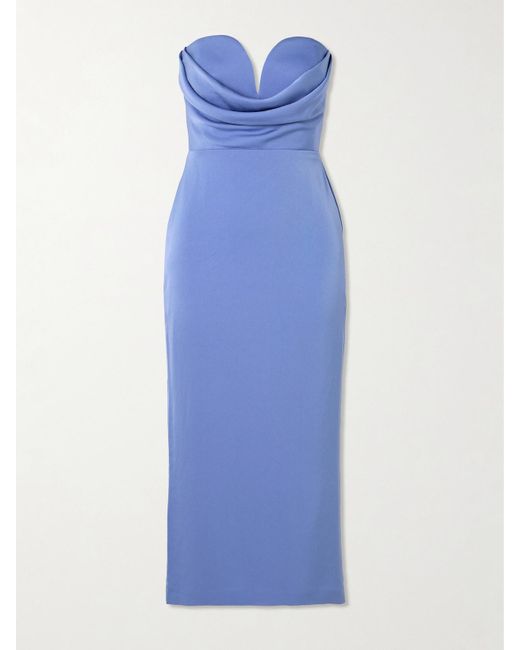 Alex Perry Blue Strapless Draped Satin-Crepe Midi Dress