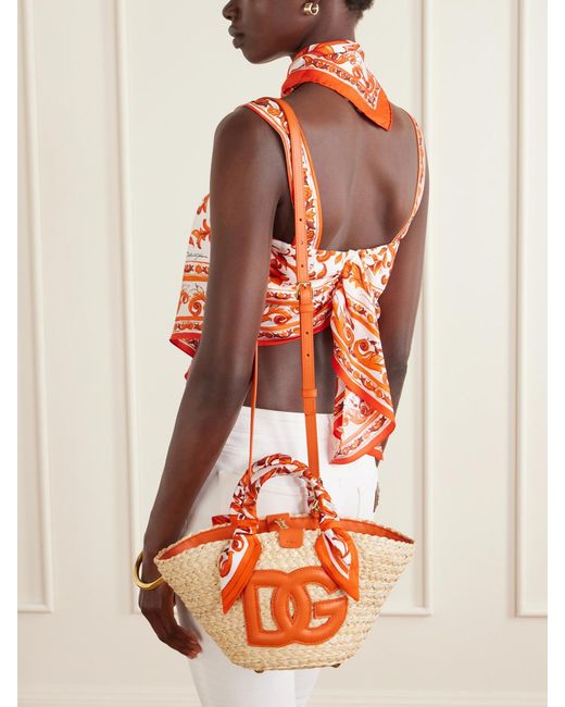 Dolce & Gabbana Orange Kendra Logo-Appliquéd Leather-Trimmed Raffia Bucket Bag