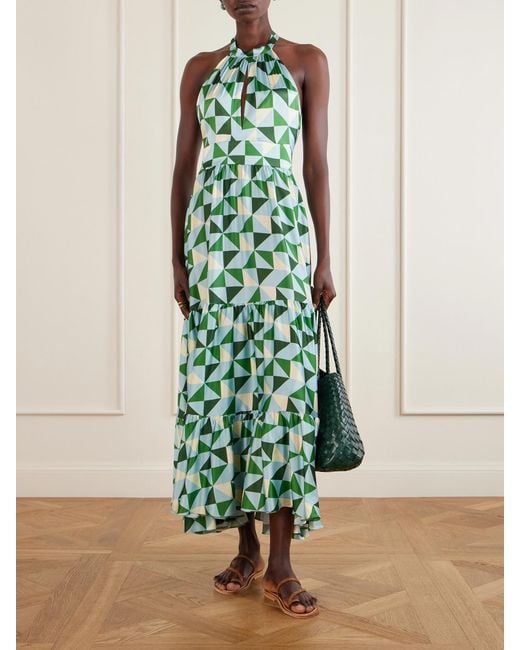 Christiano Marchelli Green Anna Printed Silk-Blend Satin Halterneck Maxi Dress