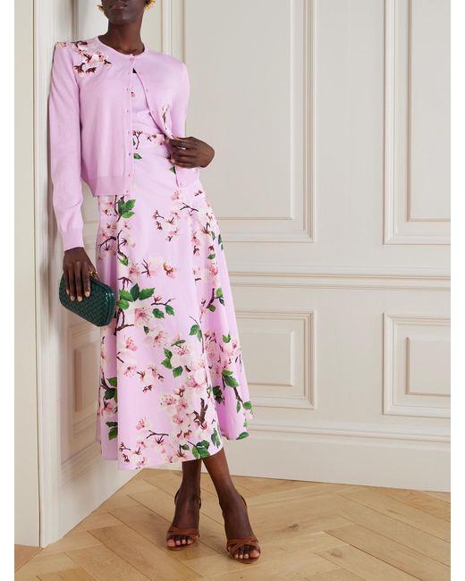 Oscar de la Renta Pink Appliquéd Wool Cardigan
