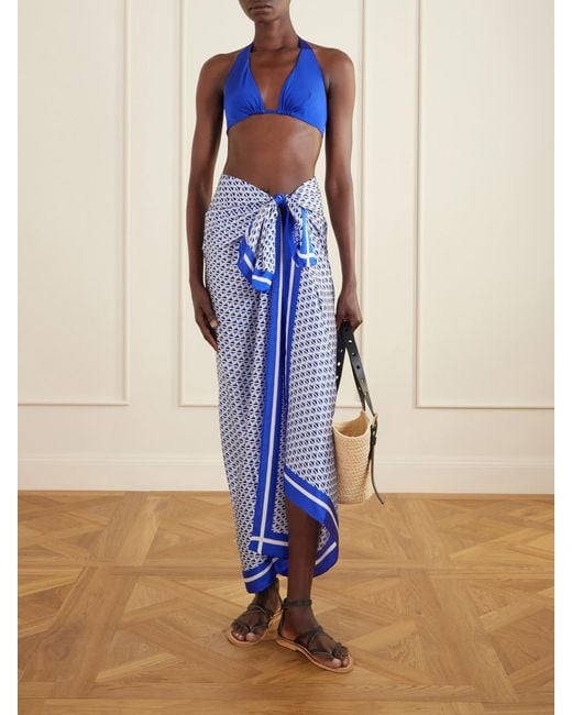 Max Mara Blue Beachwear Spuma Printed Silk Pareo
