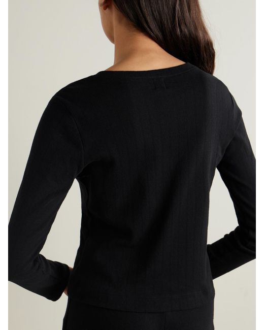 Leset Black Pointelle-Knit Cotton Cardigan
