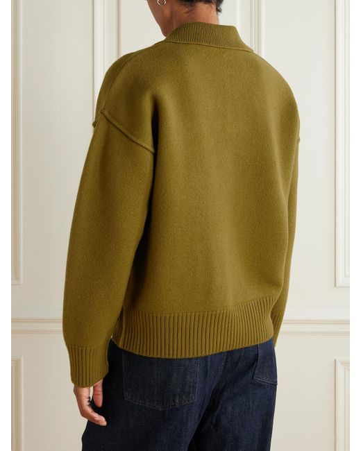 AMI Green Intarsia Wool Polo Sweater