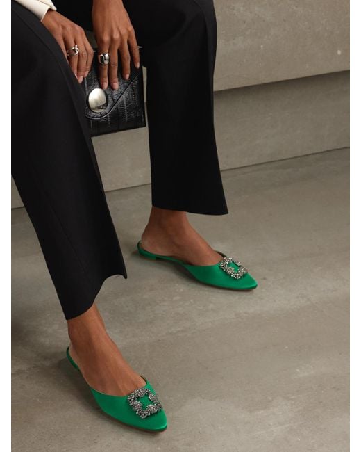 Manolo Blahnik Green Hangisi Crystal-Embellished Satin Slippers