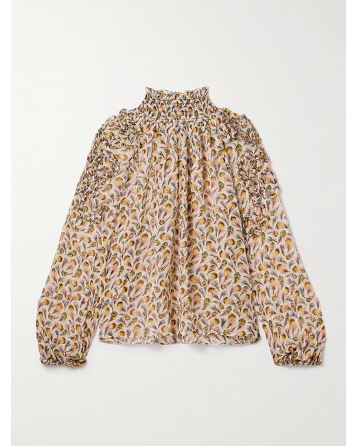 Ulla Johnson Natural Magdalena Ruffled Printed Silk-Crepon Blouse