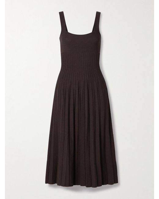 Staud Brown Ellison Pleated Ribbed-Knit Midi Dress
