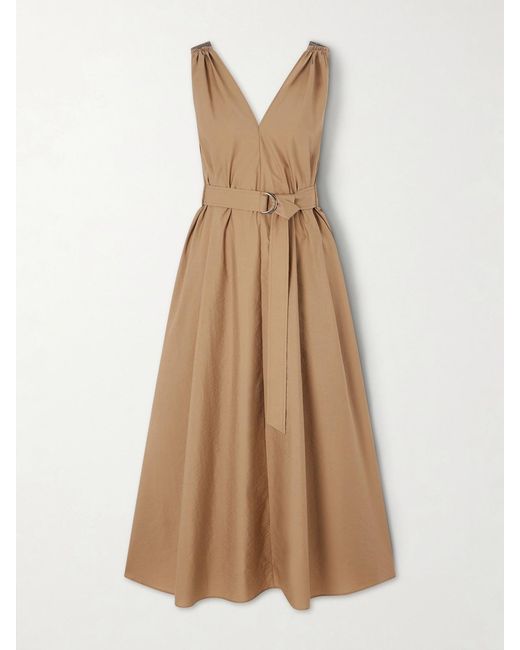 Brunello Cucinelli Natural Belted Cotton-Blend Poplin Midi Dress