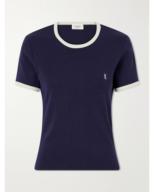 Saint Laurent Blue Cassandre-Embroidered Cotton-Jersey T-Shirt