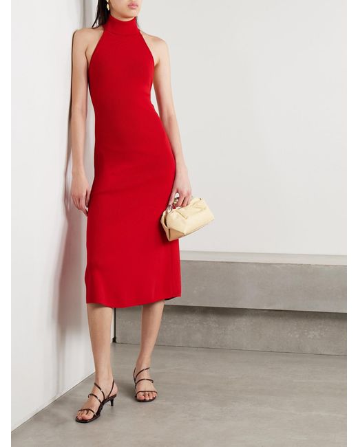 Cult Gaia Red Katara Knitted Open-Back Turtleneck Midi Dress