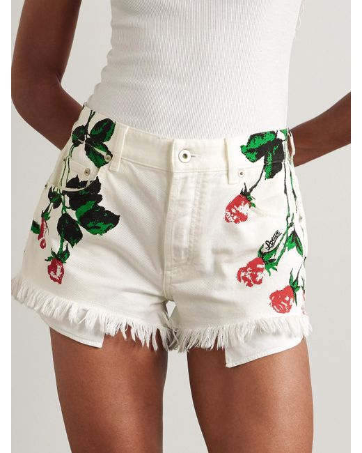 Loewe White Paula's Ibiza Frayed Floral-Print Denim Shorts