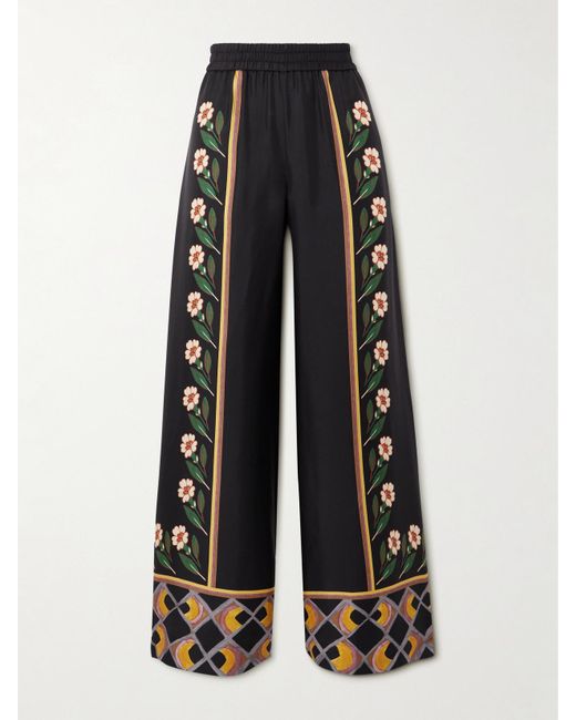 LaDoubleJ Black Icon Palazzo Printed Silk-Twill Wide-Leg Pants