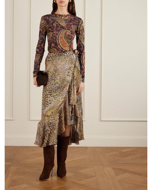 Etro Natural Ruffled Leopard And Paisley-Print Silk-Satin Midi Wrap Skirt