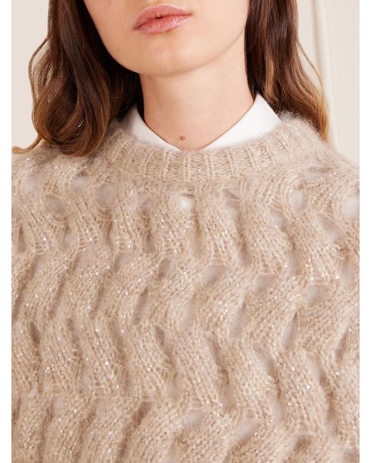Brunello Cucinelli Natural Sequin-Embellished Open-Knit Mohair-Blend Sweater