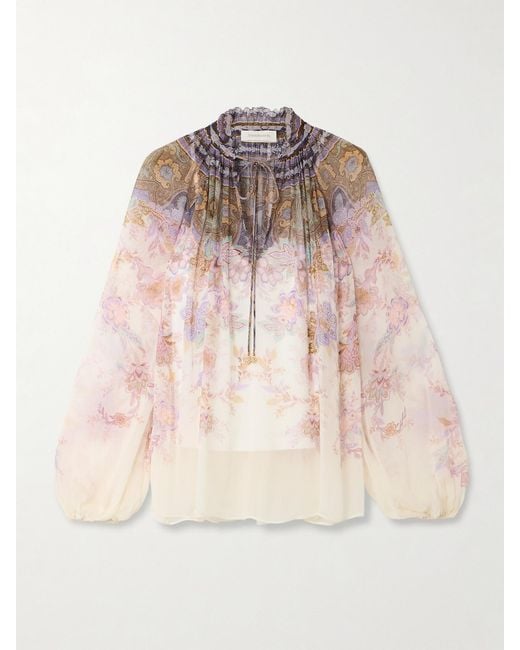 Zimmermann Pink Ruched Printed Chiffon Blouse