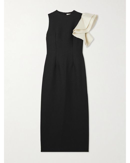 D'Estree Black Franz Asymmetric Two-Tone Crepe Midi Dress