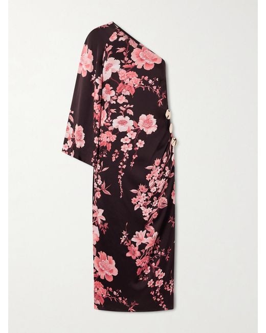 Borgo De Nor White Atlantis One-Sleeve Embellished Printed Satin Midi Dress