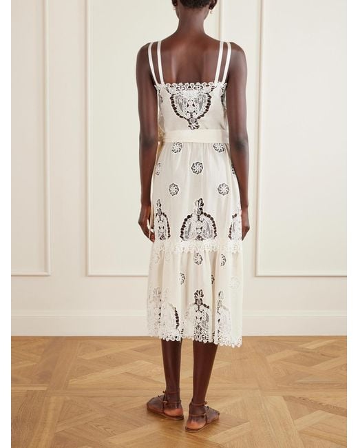 Miguelina White Esme Belted Guipure Lace-Trimmed Cotton-Blend Midi Dress