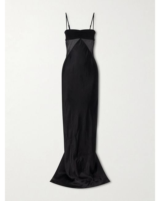 Rick Owens Black Tulle-Paneled Satin Maxi Dress