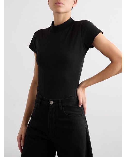 Alaïa Black Embroidered Stretch-Cotton Jersey Bodysuit