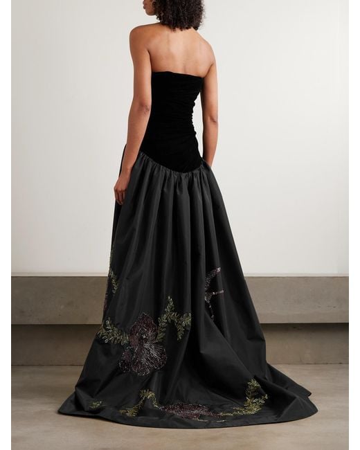 Clio Peppiatt Black Eden Strapless Embellished Gathered Velvet And Taffeta Gown