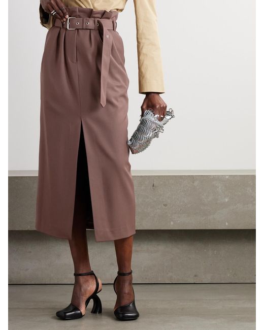 Dries Van Noten Brown Belted Pleated Wool-Twill Midi Skirt