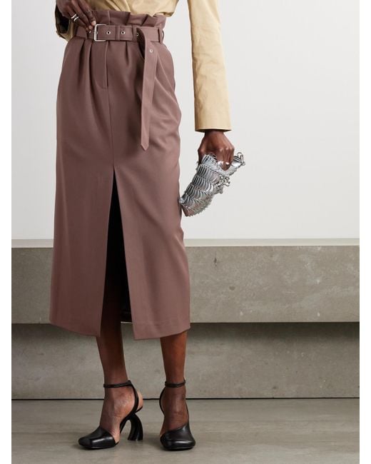 Jupe Midi En Serge De Laine À Plis Et À Ceinture Dries Van Noten en coloris Brown