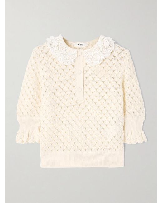 Chloé Natural Lace-Trimmed Cotton, Alpaca And Silk-Blend Polo Sweater
