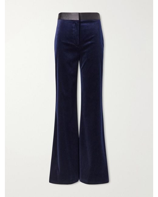 Victoria Beckham Blue Alina Satin-Trimmed Cotton-Blend Velvet Flared Pants