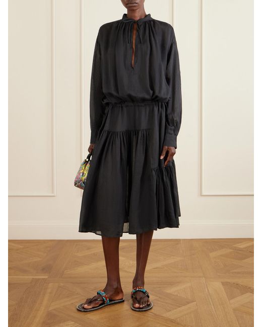 Dries Van Noten Black Pleated Ramie-Mousseline Midi Dress