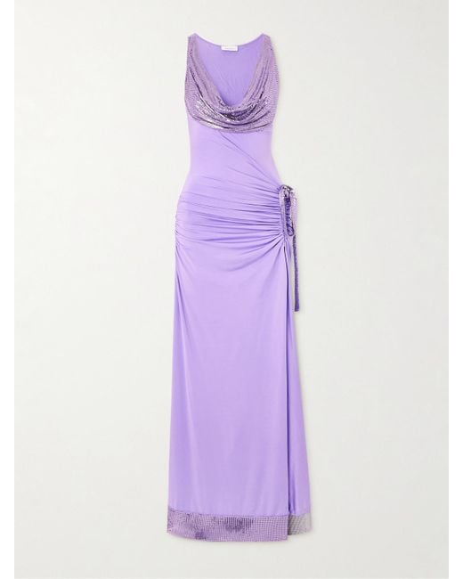 Rabanne Purple Chainmail-Trimmed Ruched Satin-Jersey Maxi Dress
